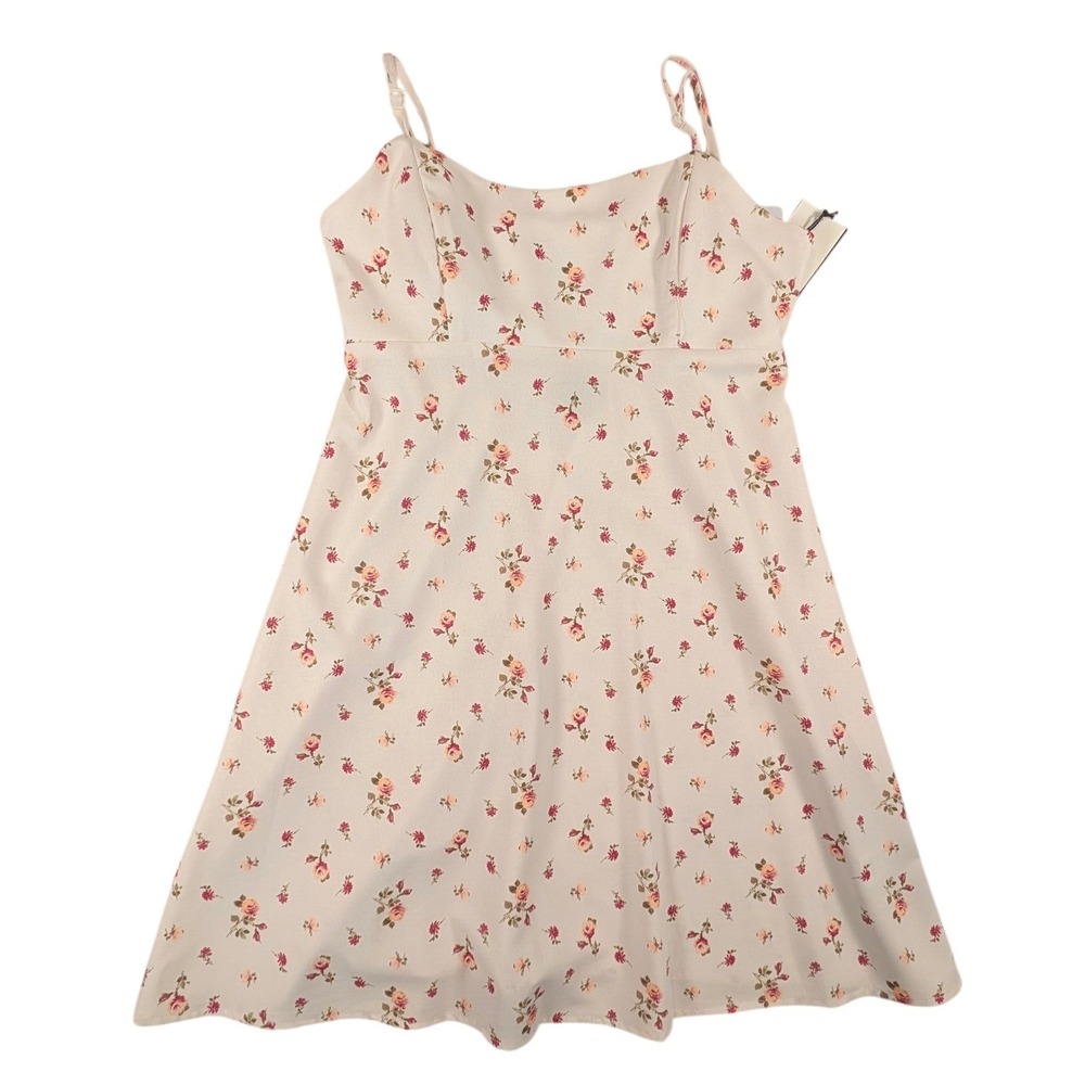 Originality Floral Cutout Back Mini Dress Cream Pink Rose Print Small Peasant